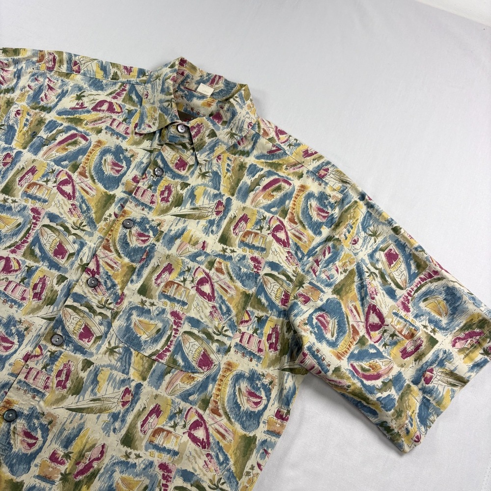 Vintage Territory Ahead Shirt Mens L Geometric Button Up Graphic Camp USA Made